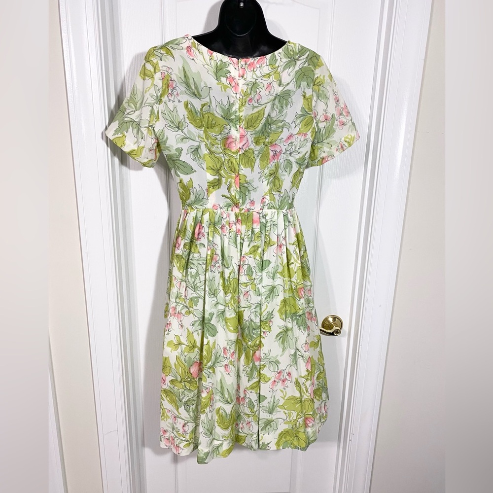 60s Styled by Fran Classic Floral Pleated Midi Day Dress Vintage Green Pink 14 - Picture 2 of 10